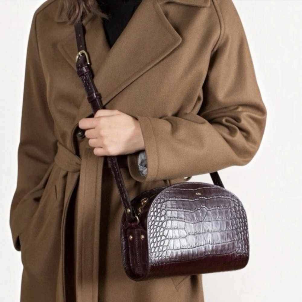 A.P.C. Demi Lune Croc Crocodile Embossed Half Moon Crossbody Bag in Vino Brown